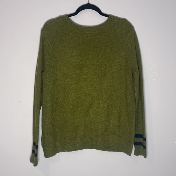 Army green crew neck sweater with dark nevy blue stripes - Picture 2 of 6